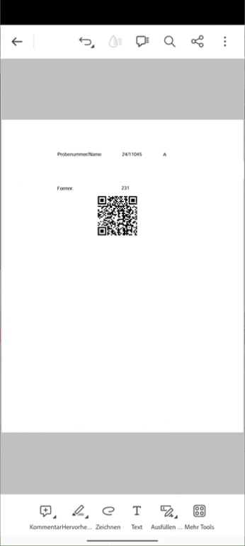 PDF Etikett aus der LASTRADA App mit Probenummer und QR-Code zur eindeutigen Kennzeichnung.