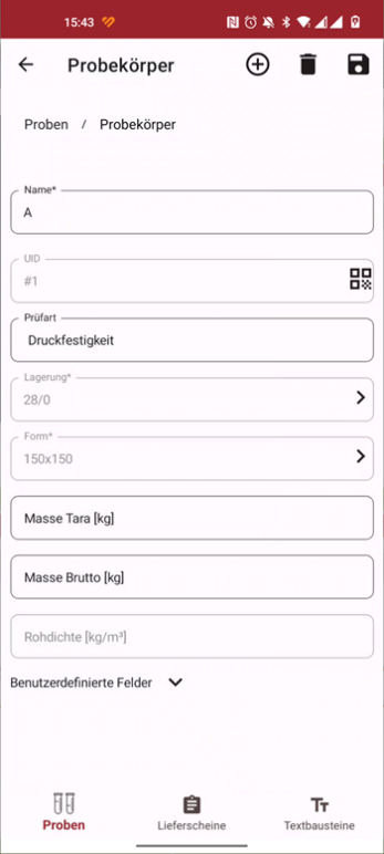 Eingabemaske für Probekörper-Daten in der LASTRADA App, inklusive Prüfart, Form, Masse und Rohdichte