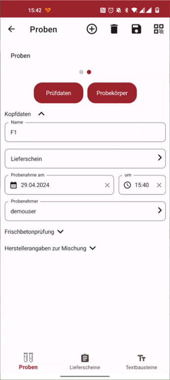 LASTRADA App: Übersicht zur Erfassung von Frischbetonproben mit Kopfdaten, Probennehmer und Prüfansicht.