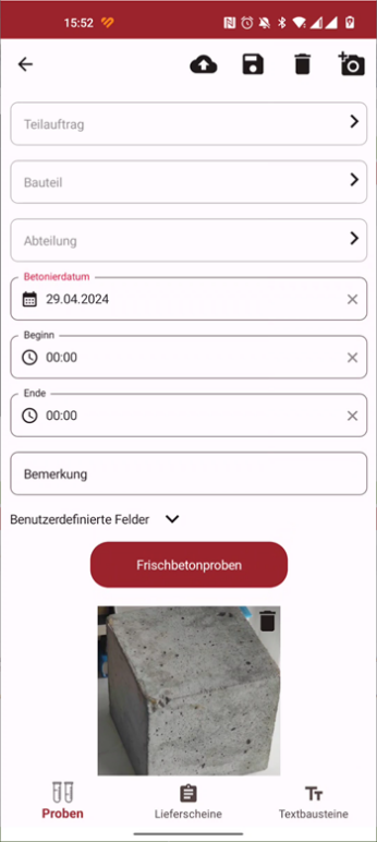 LASTRADA App: Erfassung von Frischbetonproben mit Dokumentation des Betonierdatums, Zeitangaben und Foto der Probe.