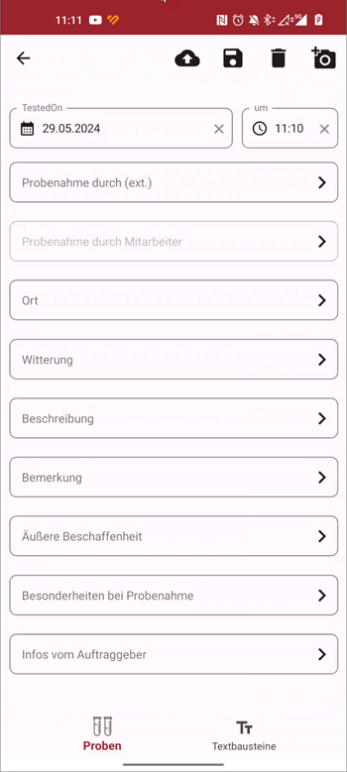 LASTRADA App: Digitale Eingabemaske zur Asphalt-Probenerfassung auf der Baustelle.