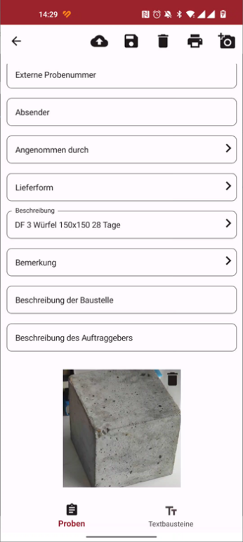 Erfassungsmaske in der LASTRADA App zur Dokumentation einer Betonprobe mit Foto