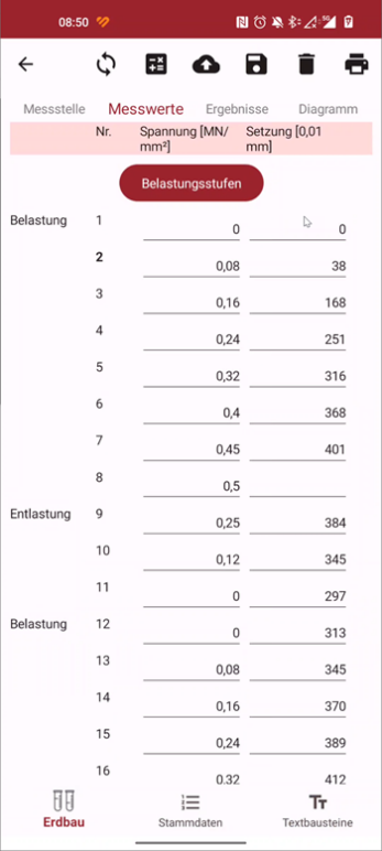 LASTRADA App: Eingabe und Darstellung von Spannungs- und Setzungswerten bei der Plattendruckprüfung