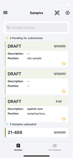 Screenshot of the LASTRADA App showing sample data entry form with photo documentation feature on a mobile device
