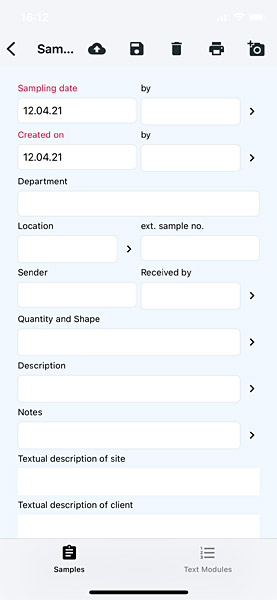 Screenshot of the LASTRADA App showing structured sample registration fields on a mobile device