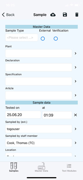 Input screen for asphalt sample data entry in the LASTRADA App