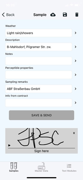 Final sample details and signature field in the LASTRADA App