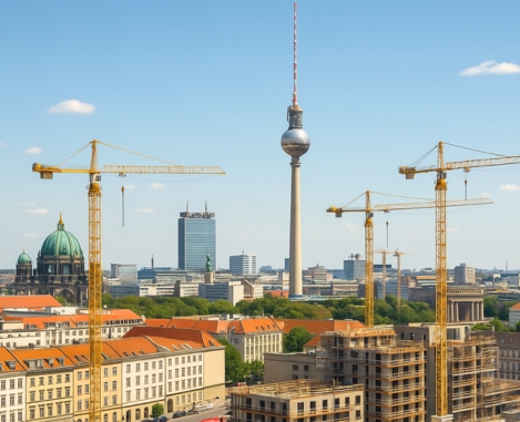 Berlin skyline with cranes, TV tower, and construction sites – symbolizing quality assurance in urban development.