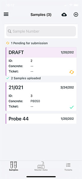 Mobile user interface showing a list of fresh concrete samples in the LASTRADA app, including draft and submitted entries.