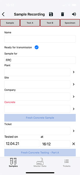 Form for entering fresh concrete sample data in the LASTRADA app, including fields for site, company, and test time.