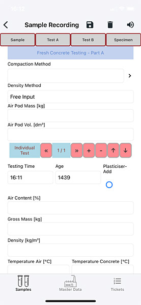 Data entry screen for fresh concrete test parameters in the LASTRADA app with fields for density, air content, and temperature.
