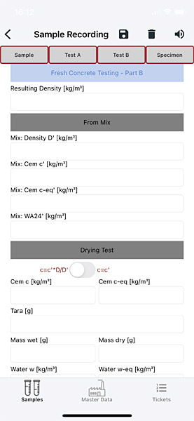 Fresh Concrete Testing – Part B screen in the LASTRADA app showing density and drying test fields.
