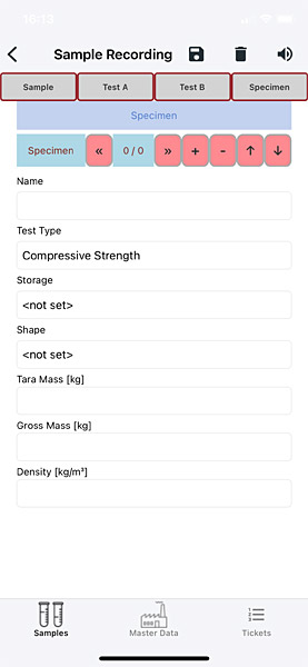 Specimen input screen for compressive strength testing in the LASTRADA app.
