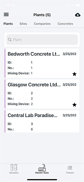 Overview of registered concrete plants in the LASTRADA app master data.