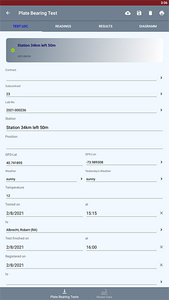 Plate bearing test data entry in LASTRADA mobile app with GPS location and weather details