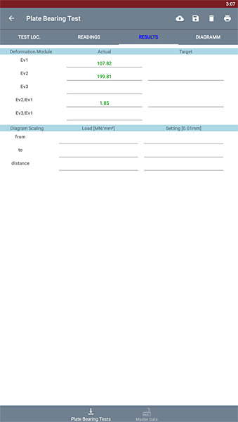 Results screen of a plate bearing test showing deformation modulus values in LASTRADA mobile app